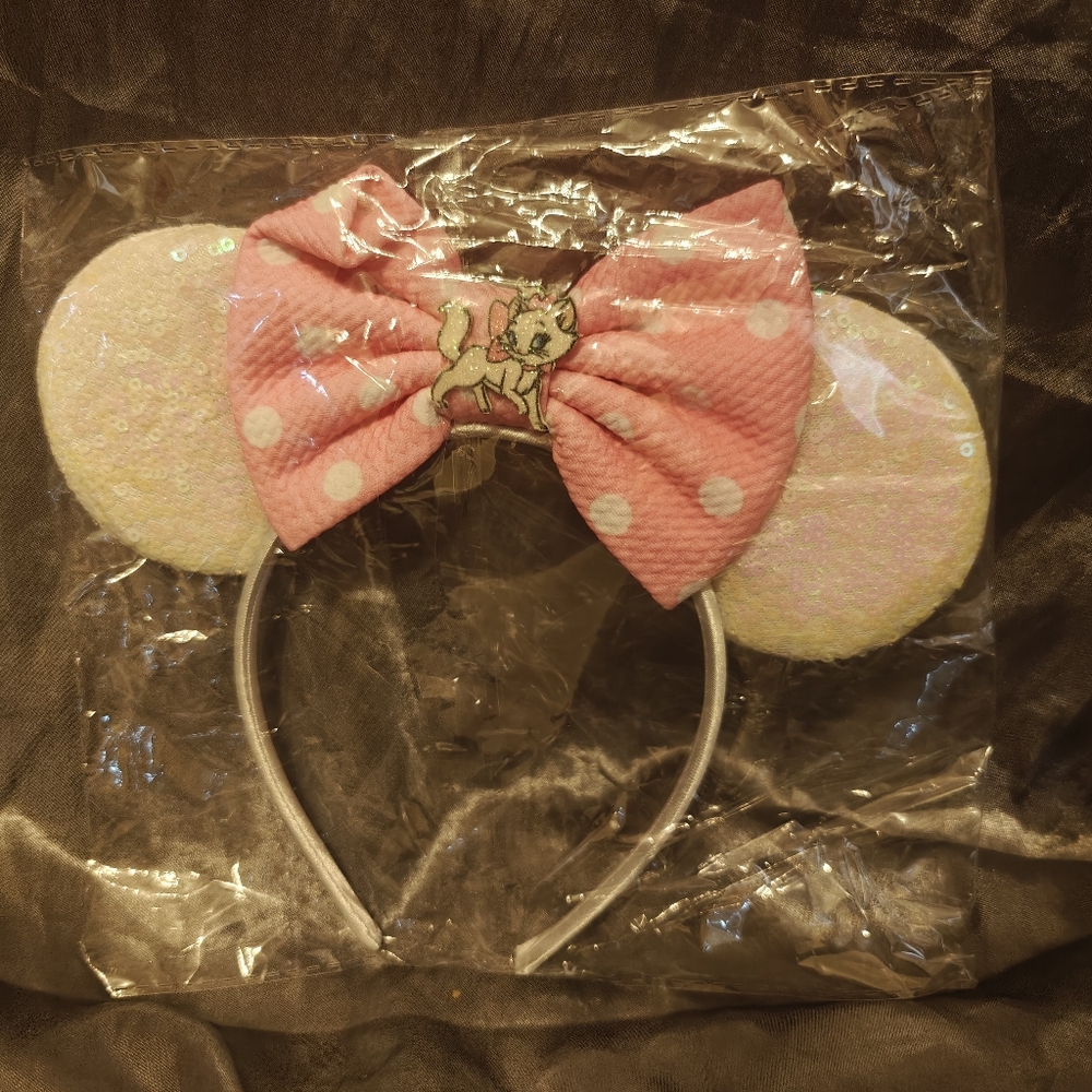 Disney Aristocats Ears With Pink Polka Dot Bow And Sequins